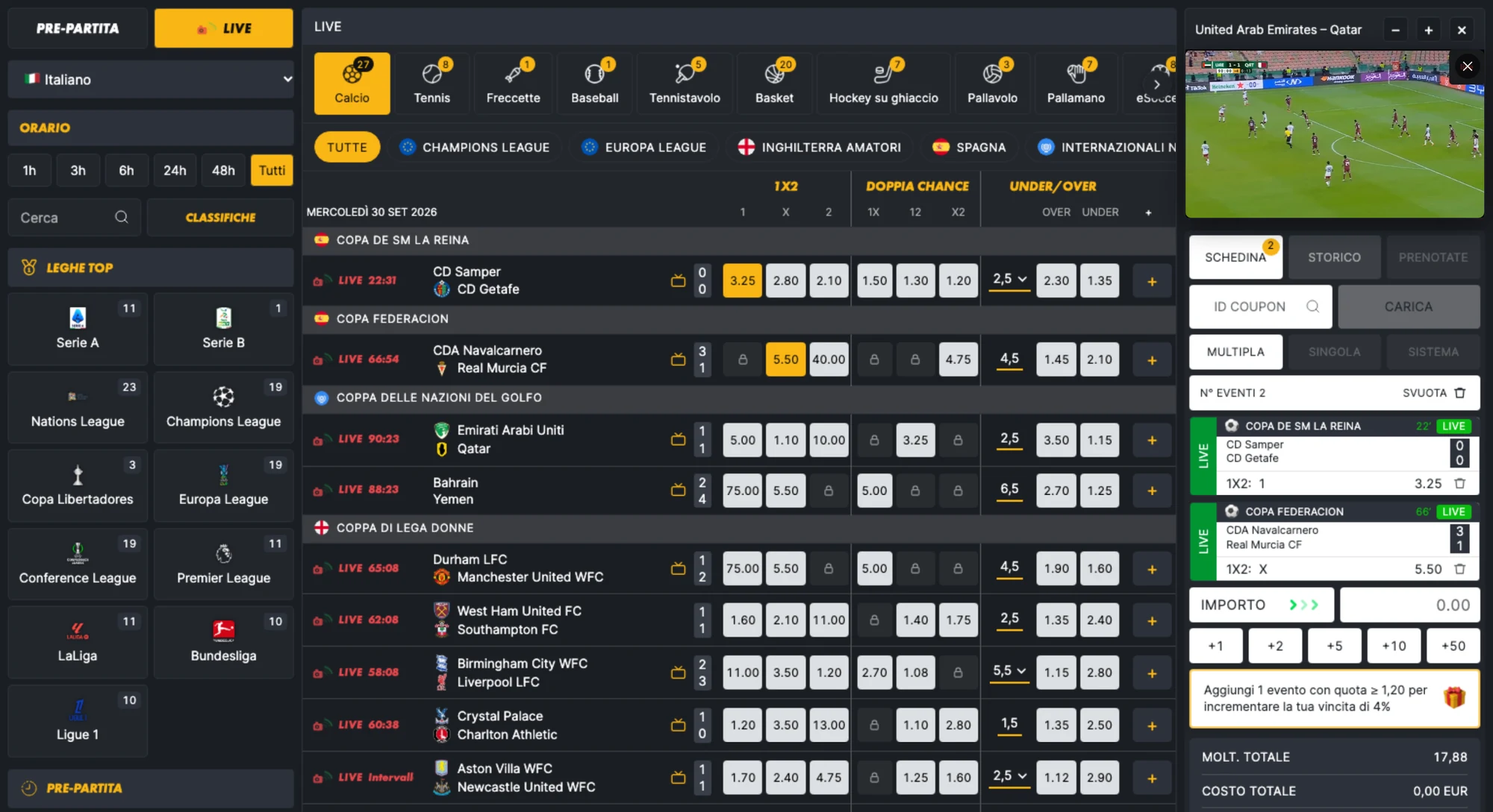 Real live stream playing in the Gamblix sportsbook, next to the live list and the betslip