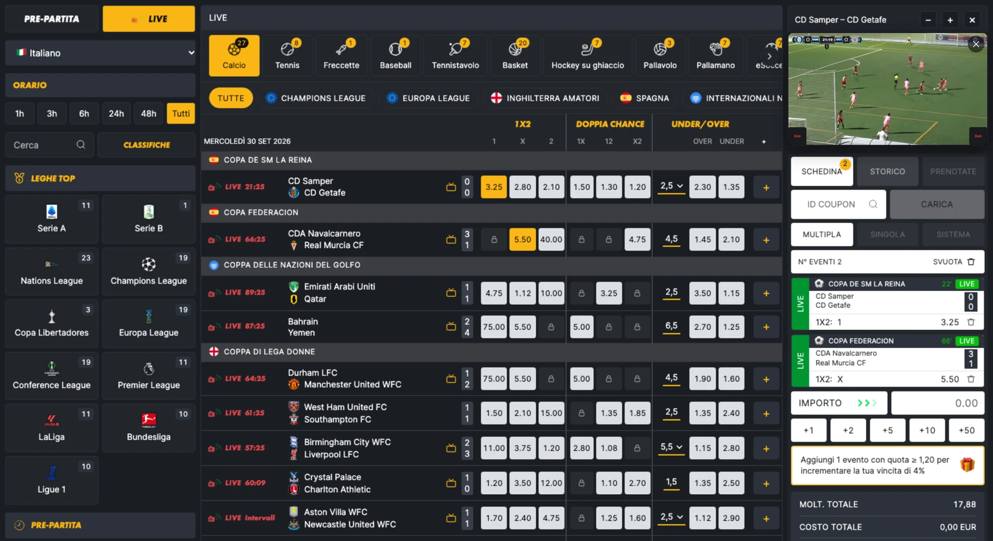 Real capture: live football stream open above the betslip with two live selections