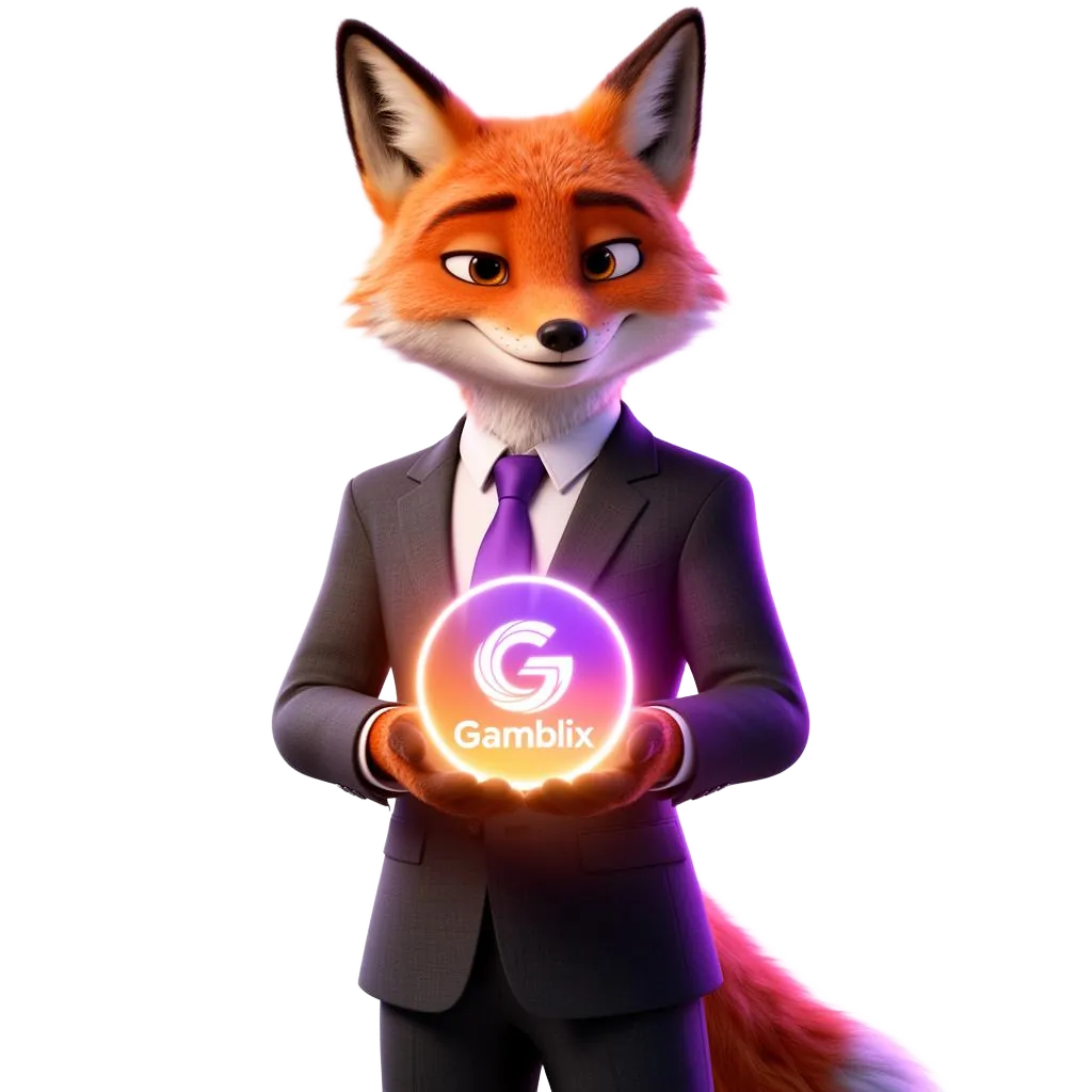 Gamblix Orange-Fuchs-Maskottchen im violetten Neon-Outfit